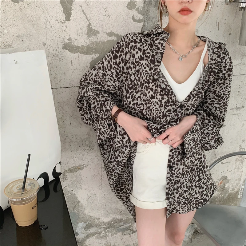 

Retro Leopard-Print Long-Sleeved Shirt Women's Spring Korean Style Loose All-Matching Slimming Thin Design Sense Niche Sun