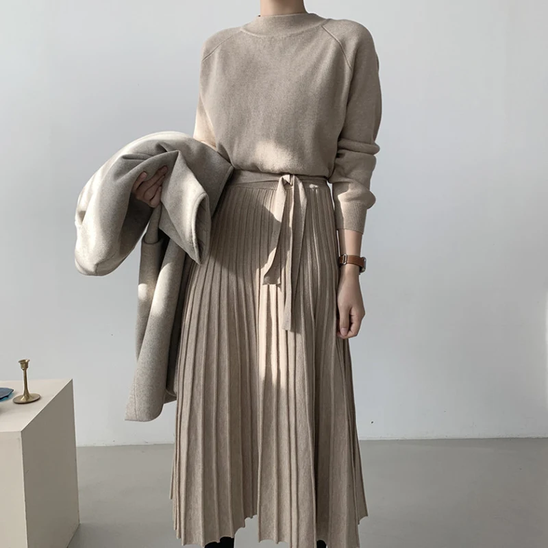 

Elegant Fashion Thick Warm Women Knitted Pleated Dress Long Sleeve Belted Sashes Ladies O Neck Sweater Dress 2021 Autumn Winter