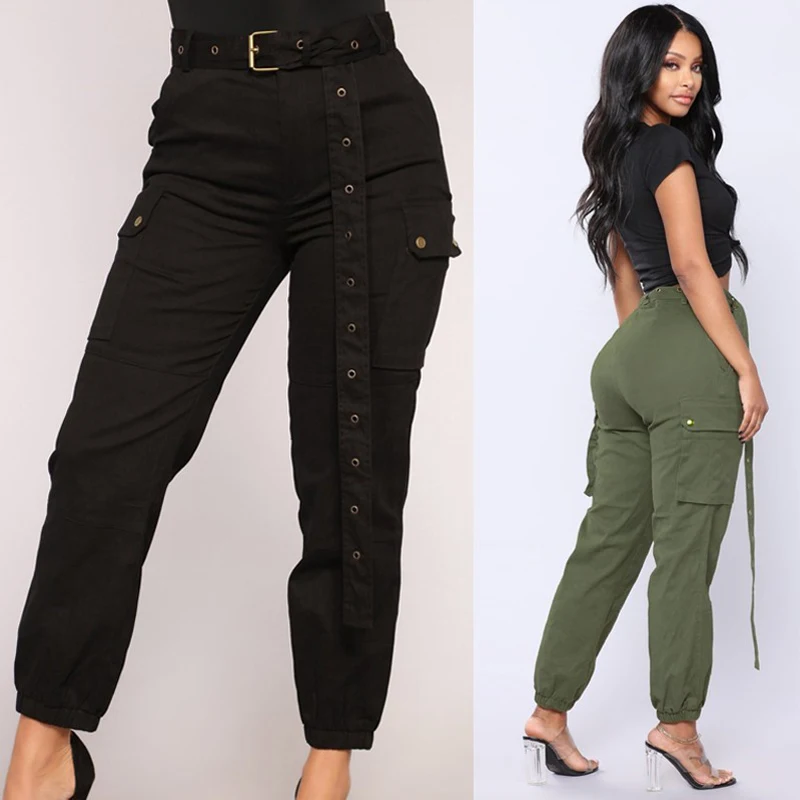 Брюки карго Женские однотонные модные длинные брюки с поясом уличная одежда в