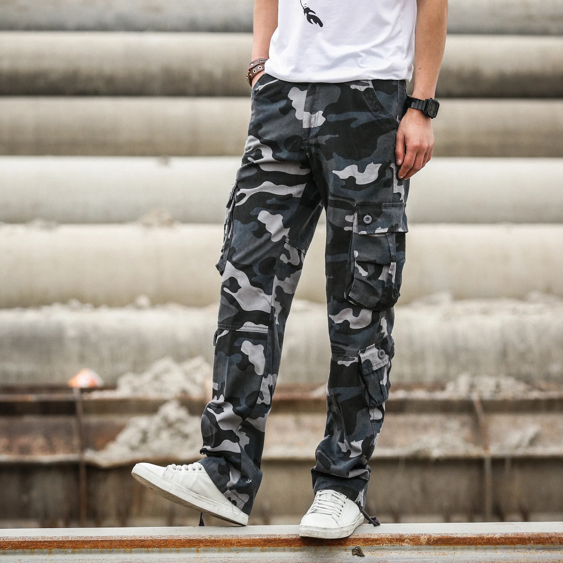 Для мужчин с камуфляжным принтом хлопковые брюки карго карманами размера плюс