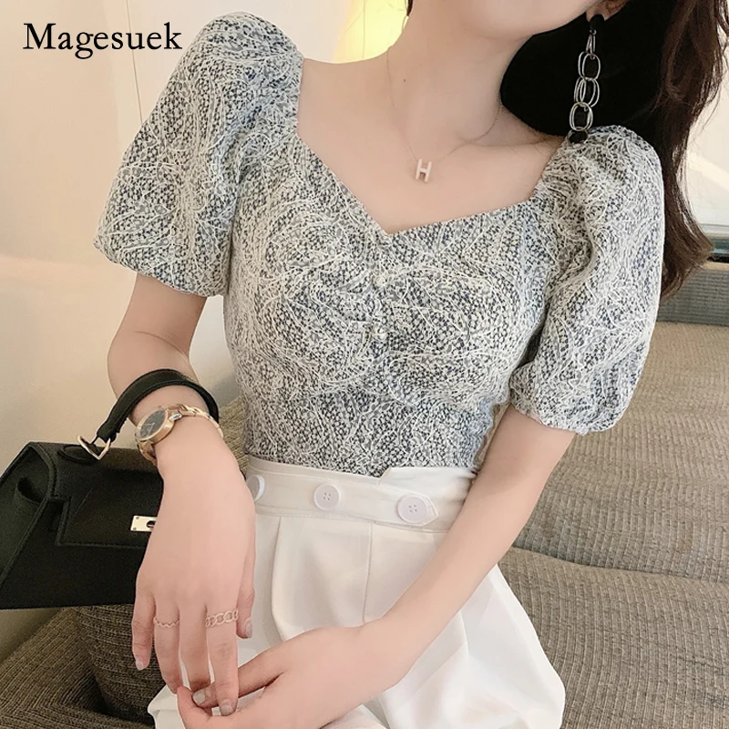 

2021 с буффами на рукавах с шнурковой повязкой круглым вырезом с коротким Новинка; футболки летняя женская рубашка для женщин, Ретро стиль, с р...