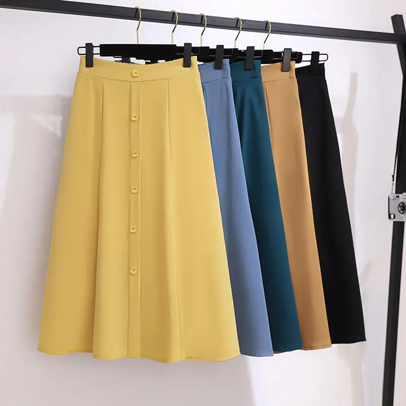 

Women 2021 Elegant Loose Chiffon Midi Skirt Female Vintage Korean Fashion Plus Size Solid Color High Waist A Line Skirts