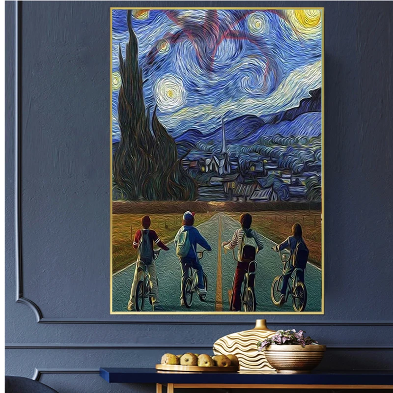 

Голубое звездное небо группа мальчиков ездить на велосипеде плакаты и искусство стен картины для декора гостиной