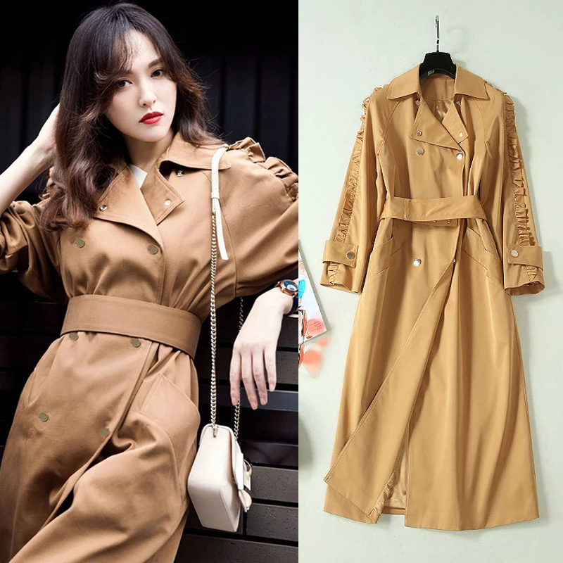 

New with stylish atmosphere ins port in the wind ruffled lace long trench coat can customized big size