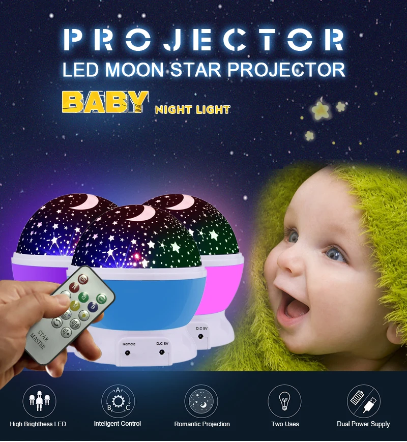 

Remote Battery Operated Emergency Lamp LED Rotating Stars Projector Novelty Lighting Moon Sky Rotation Kids Baby Nursery 3w ligh