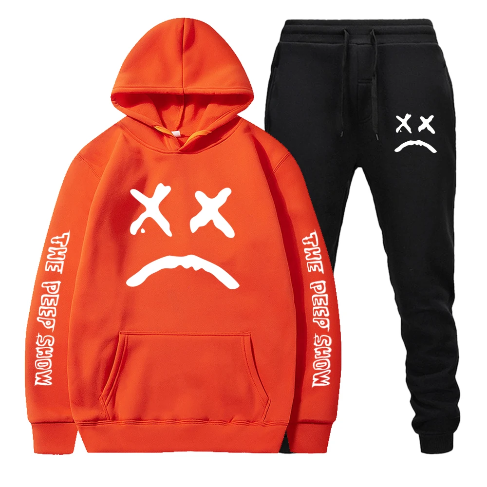 

Men's Clothing Tops Fashion White Crying Face Brand Men's Set FleeceThick Warm Sportswear Male Sweatsuit Tracksuit