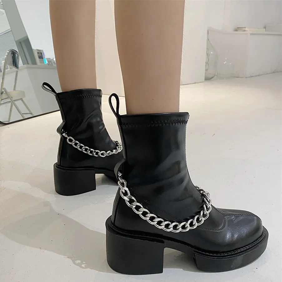 

EOEODOIT Women High Heel Platform Boots Autumn Winter Fashion Leather Boot Calf Booties Round Toe Slip On Sock Boot Shoes