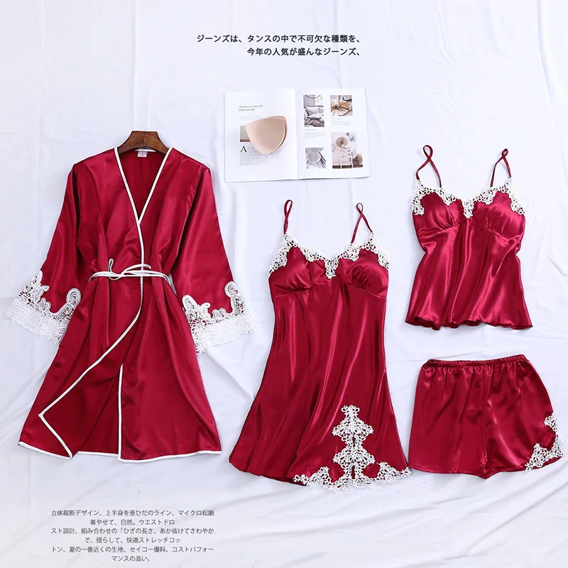 

2020 Spring Autumn Women Silk Pajamas Sets With Chest Pads Flower Print Pijama Sleepwear 4 Pieces Spaghetti Strap Satin Pyjamas