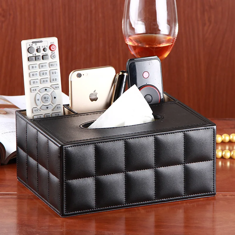 

Tissue Box PU Leather Multifunctional Napkin Phone Remote control holder wooden Storage Box Desk organizer Container