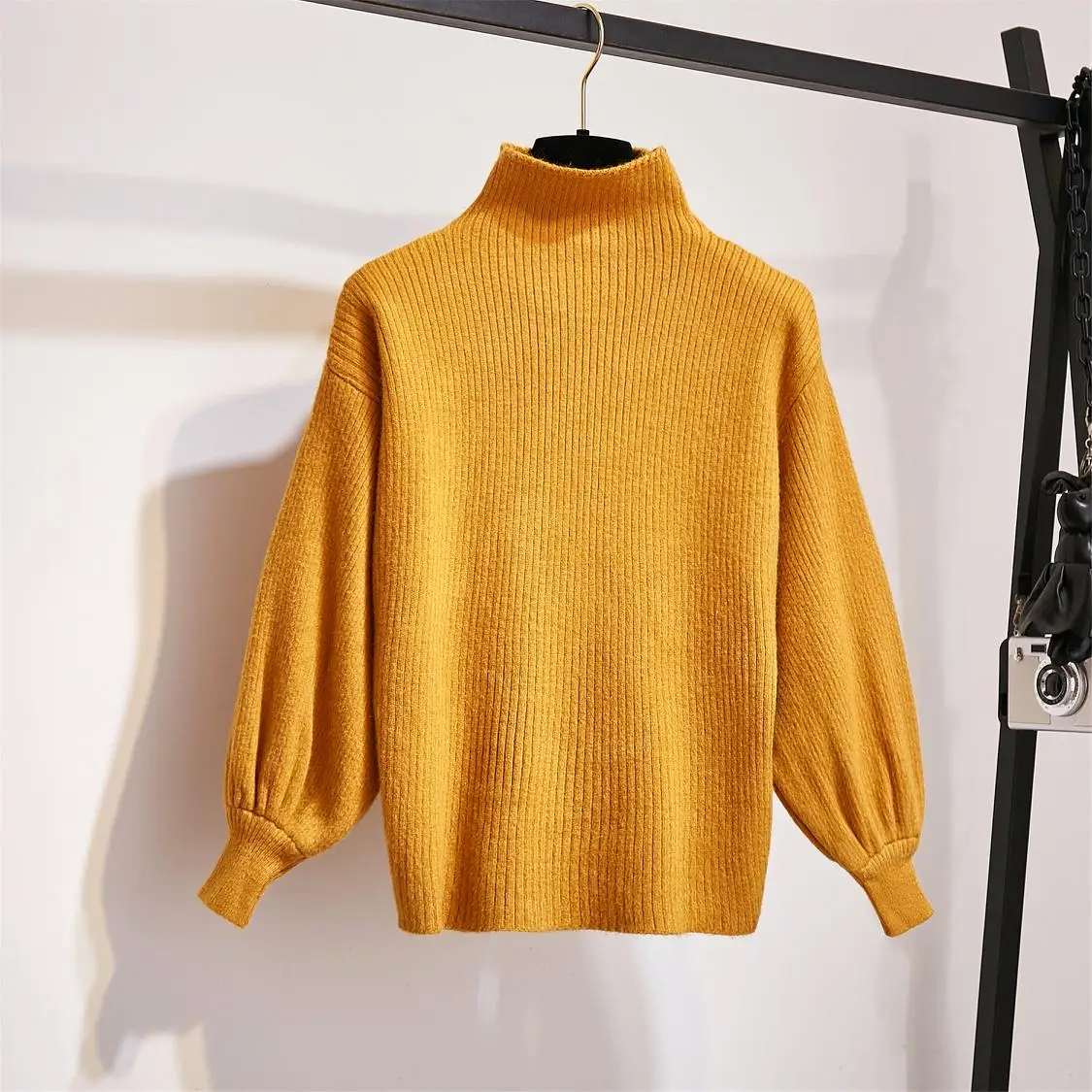 yellow sweater New Winter Pullover Sweater& Woolen Cloth Lantern Sleeve Knitted Top Irregular Skirt Suit With Belt Outfit Casaul Clothes - Цвет: yellow sweater