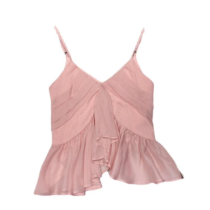 

Sleeveless Blouse for Women 2021 Summer New Korean Style Sweet Large Swing Irregular Ruffles Solid Color Sling Shirt Tops Femme