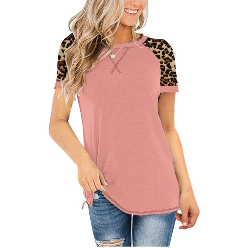 

New leopard pattern splicing round neck short sleeve T-shirt women's top in spring and summer of 2021
