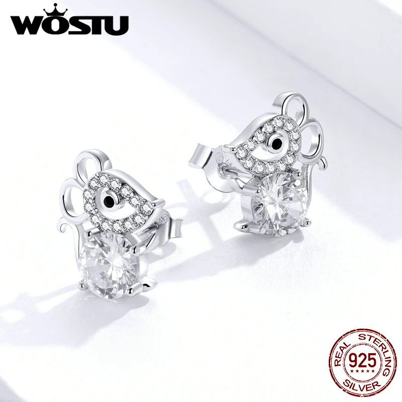 WOSTU Authentic 925 Sterling Silver Lovely Mouse Stud Earrings For Women Clear Zircon Small Fashion Jewelry Gift FIE826 | Украшения и