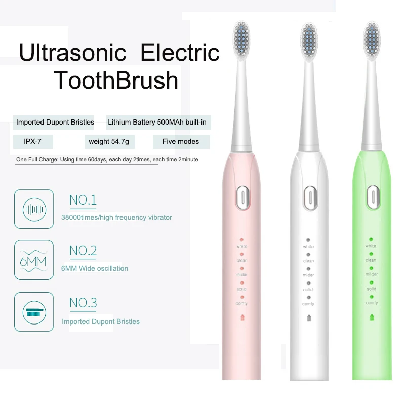 

Электрическая зубная щетка S802 ipx7, Водонепроницаемая Автоматическая звуковая зубная щетка, перезаряжаемая, 5 моделей, USB зарядка, с 2 мягкими ...