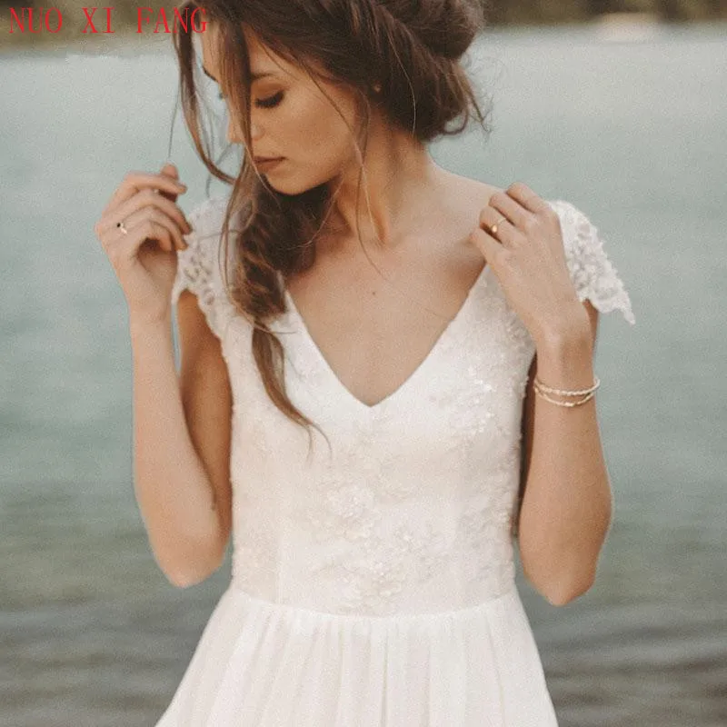 2020 Hot Sale Cheap Beach Wedding Dresses V Neck Cap Sleeve A-line Chiffon Skirt Lace Top Open Back Boho Gowns | Свадьбы и торжества