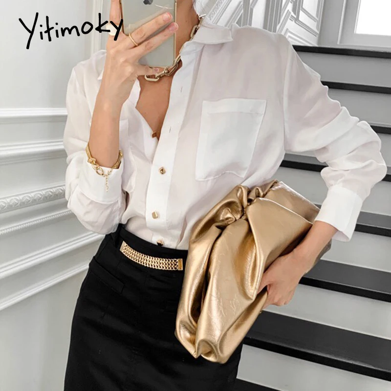 Yitimoky Blouse Women Tops Clothing Solid Office Lady 2021 Spring Autumn French Spain Fashion Vintage Shirts Turn-down Collar