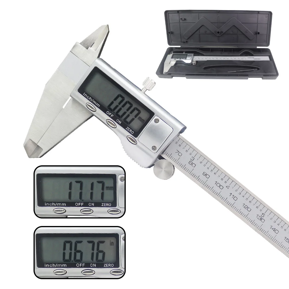 150mm Stainless Steel Digital Vernier Caliper Ruler Depth Guage Micrometer 200 mm 6 inch LCD Display Metal Ruler Plastic Box