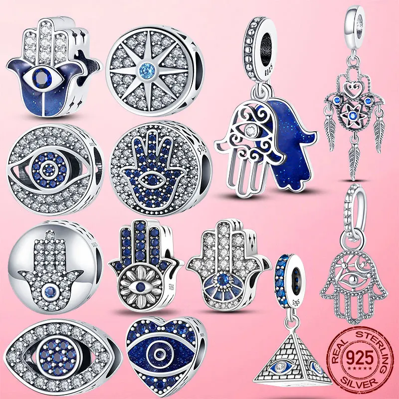 

Evil Eyes Beads Silver Color Fatima Hand Hamsa Hand Dangle Charm Beads fit Original Pandora Bracelet Silver Color jewelry