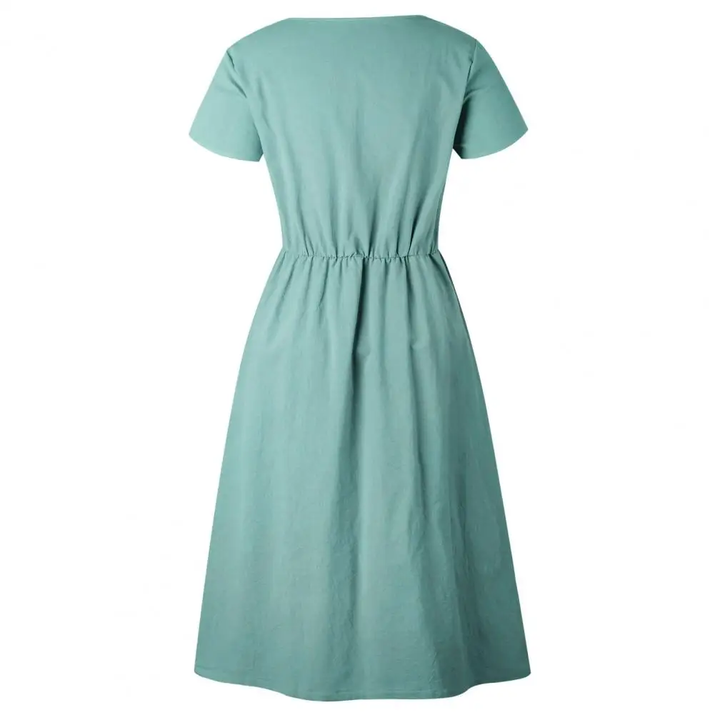 

Women Summer Dress 2021 Fashion Vintage Casual Sundress V-neck Buttons Pocket Party Slim A-line Midi Dresses Beachwear Vestidos