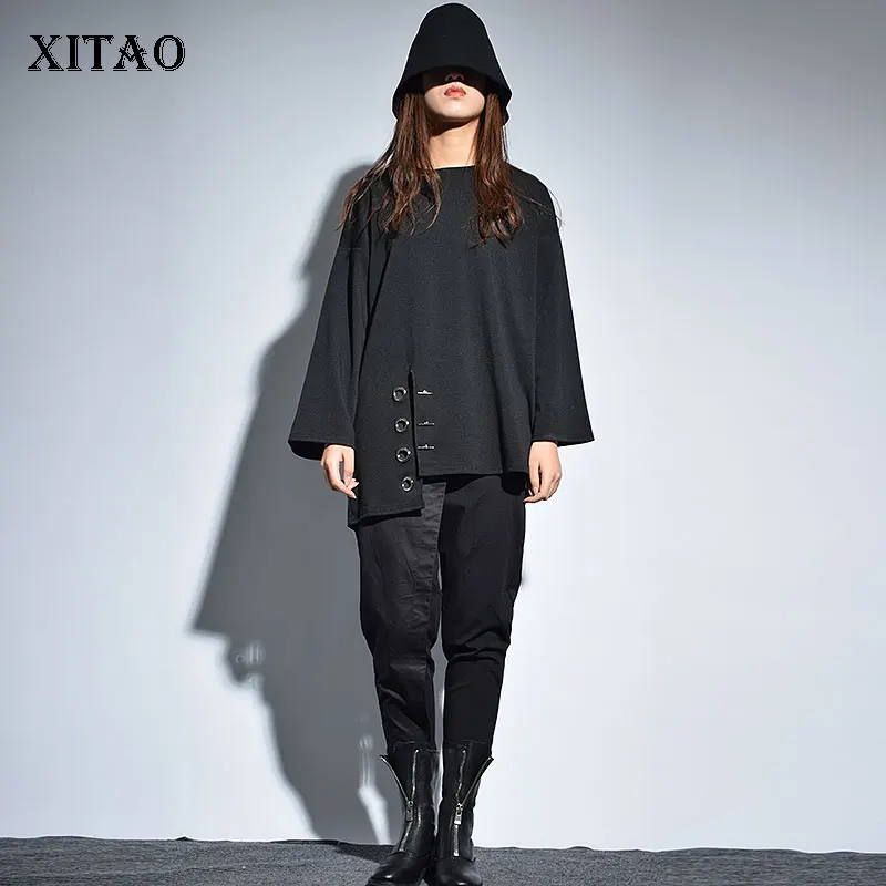 Женская свободная футболка с длинным рукавом XITAO Однотонная круглым вырезом и