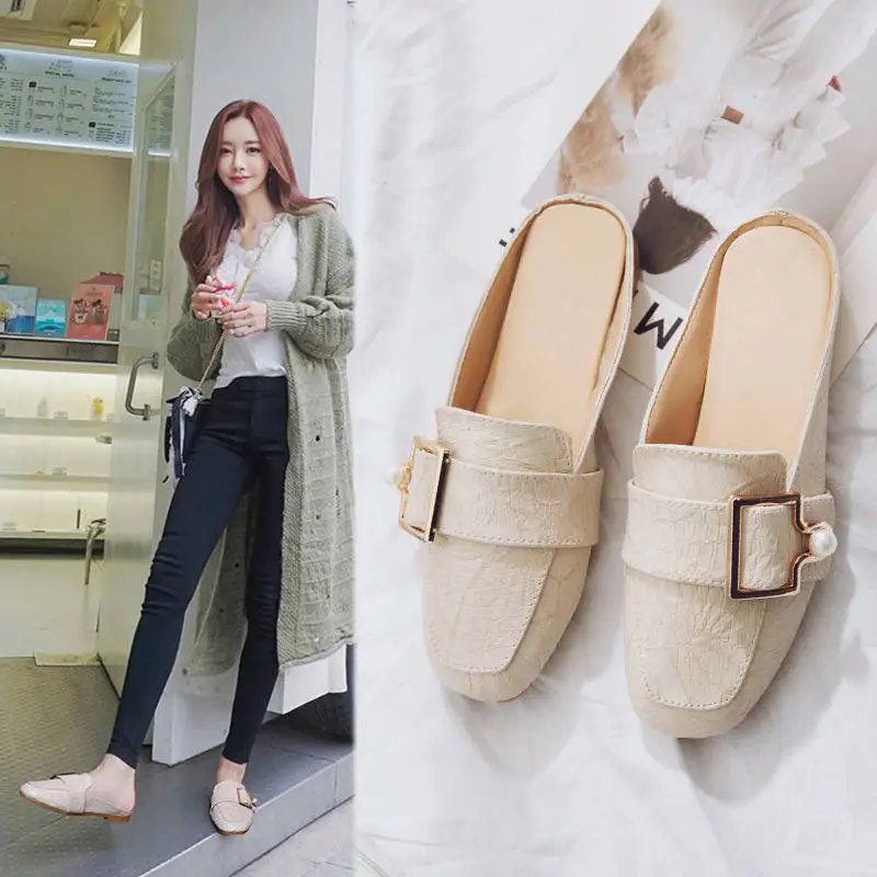 

Outside Flat Flat With Closed Toe Slides Women Metal Decoration Leisure Slippers Summer Solid Ladies Shoes