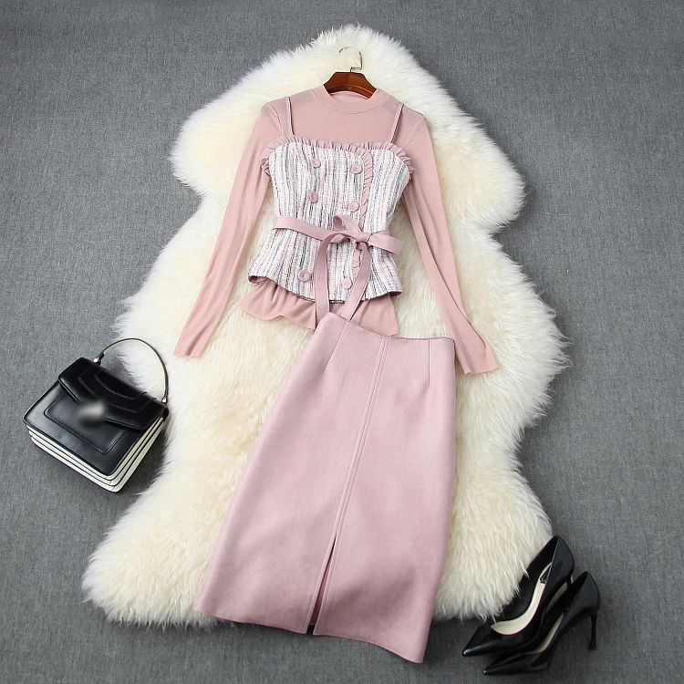 

2020 autumn winter OL elegant belt 3 pieces set slim mesh top + tweed camisole + split suede skirt women suit set Y775
