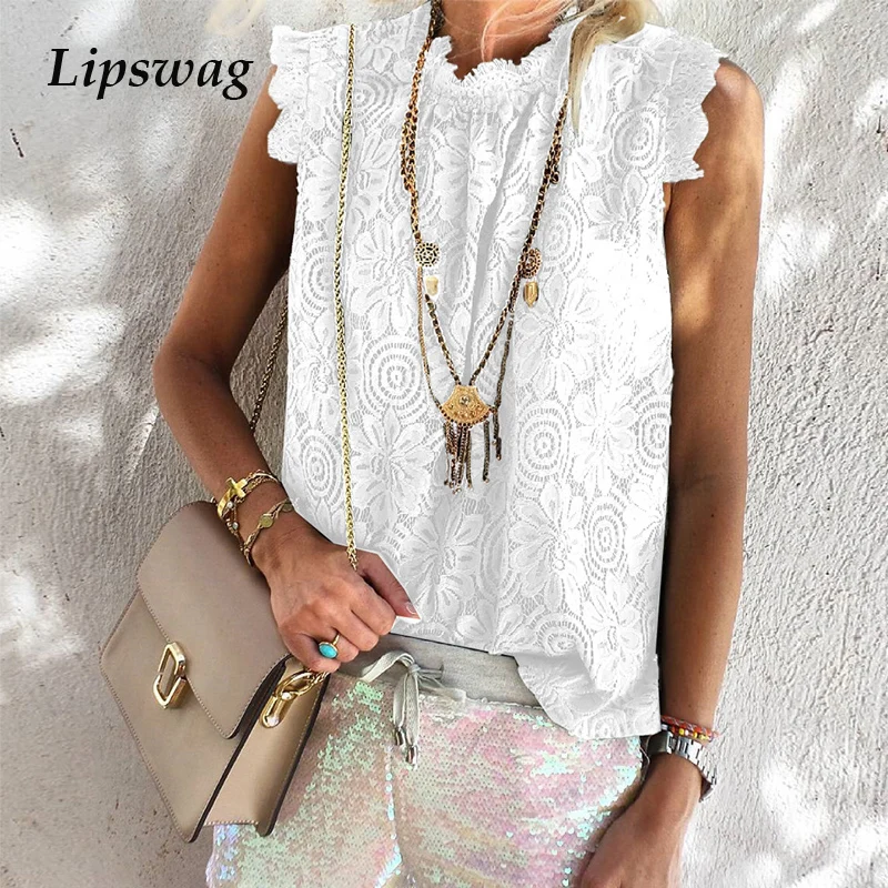 

Sexy Elegant O-Neck Office Lady Blouse Shirts Fashion Embroidery Flower Lace Shirt Summer Women Sleeveless Tops Blusa Streetwear