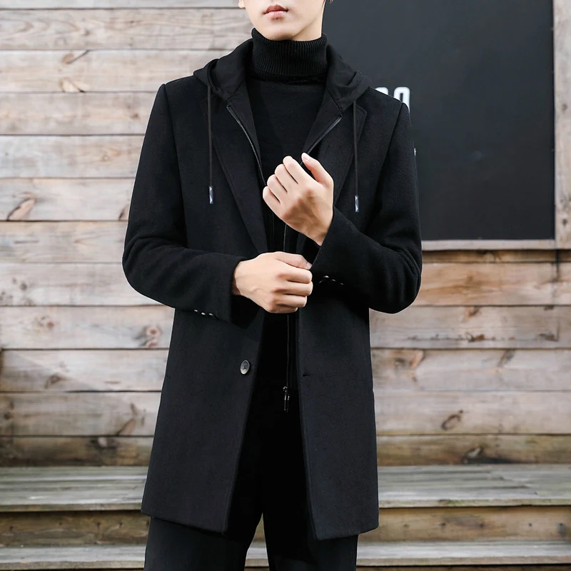 Мужское шерстяное пальто со съемным капюшоном черное большого размера с длинным
