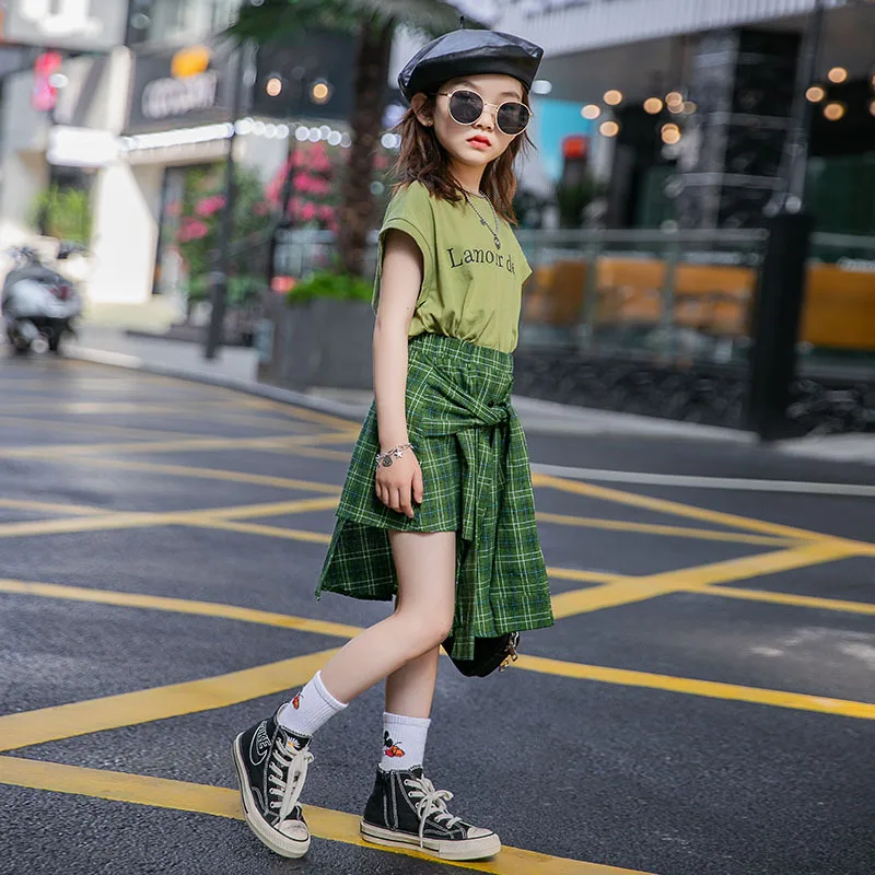 

4-12 Years Kids Sets Casual Letter Printed Short-sleeved T-shirt Plaid Irregular Skirt 2pcs Big Girls Clothing Summer Child Suit