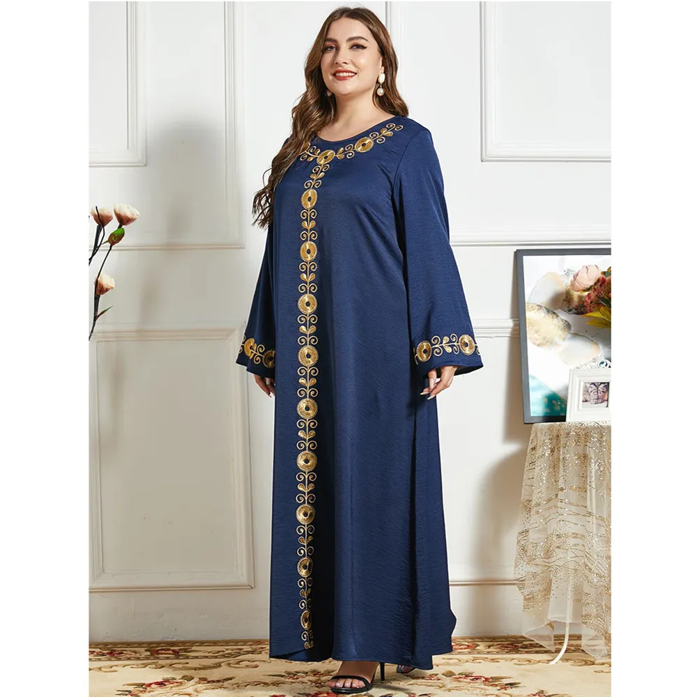 

Muslim Women Long Dress O-neck Abaya Embroidery Loose Casual Kaftan Arab Maxi Robe Turkish Ramadan Islam Clothing Plus Size 4XL