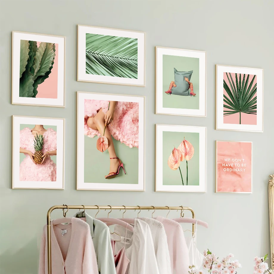 Зеленая розовая длинная юбка с изображением кактуса пальмы девушки настенная