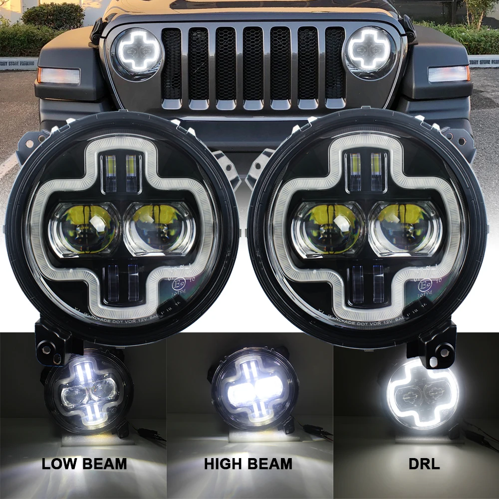 Для Jeep Wrangler JL 2018 2019 круглый светодиодный 9 дюймов фары с белым halo совмещенный
