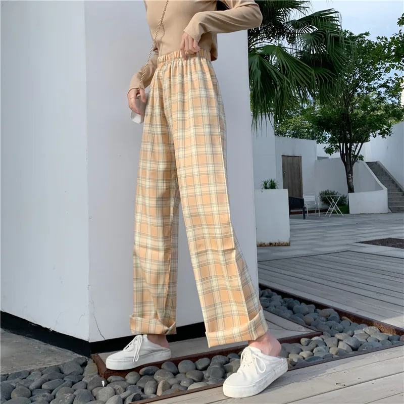 

Big Size 4XL Woman High Waist Plaid Pants Wide Leg Female Trousers Straight Loose Fashion Baggy BF Streetwear Women Trousers