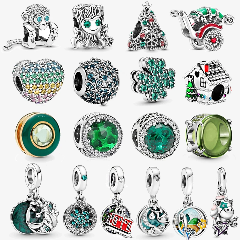 

925 Sterling Silver Beads Sparkling Green Serie Animals Flowers Charms Fit Original Pandora Bracelets Women DIY Jewelry Gift