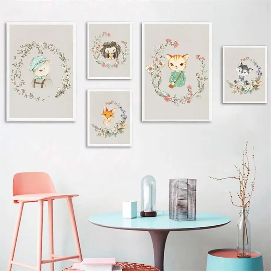

Flowers Fox Raccoon Deer Cat Bear Hedgehog Wall Art Canvas Painting Nordic Posters And Prints Wall Pictures Baby Kids Room Decor