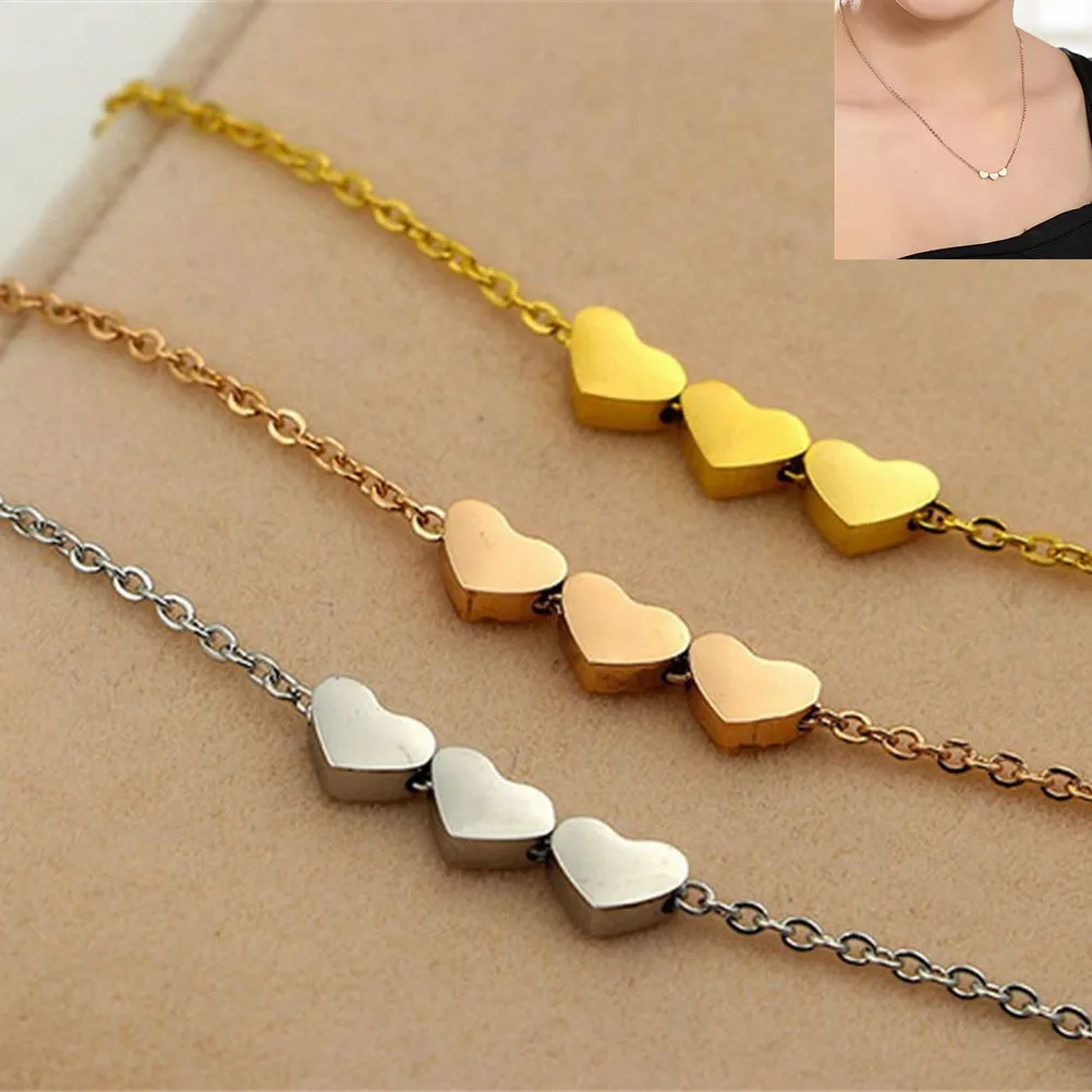 Женское Ожерелье с кулоном в виде трех сердечек розовое золото полная стальная