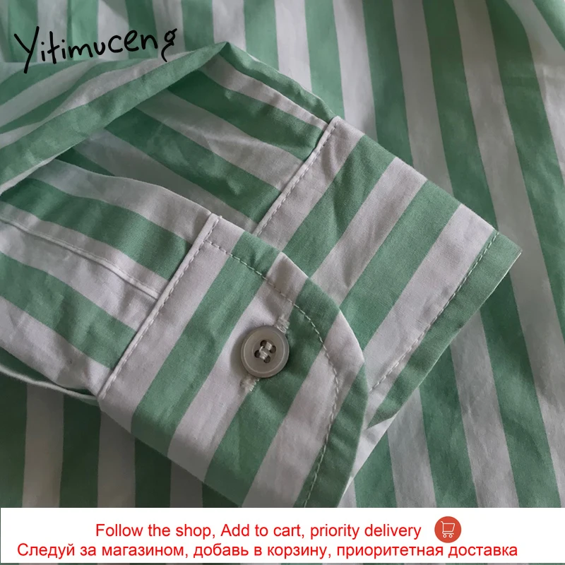 

Yitimuceng Striped Blouse Women Button Up Casual Shirts Long Sleeve Unicolor Green 2021 Spring Summer Korean Fashion New Tops