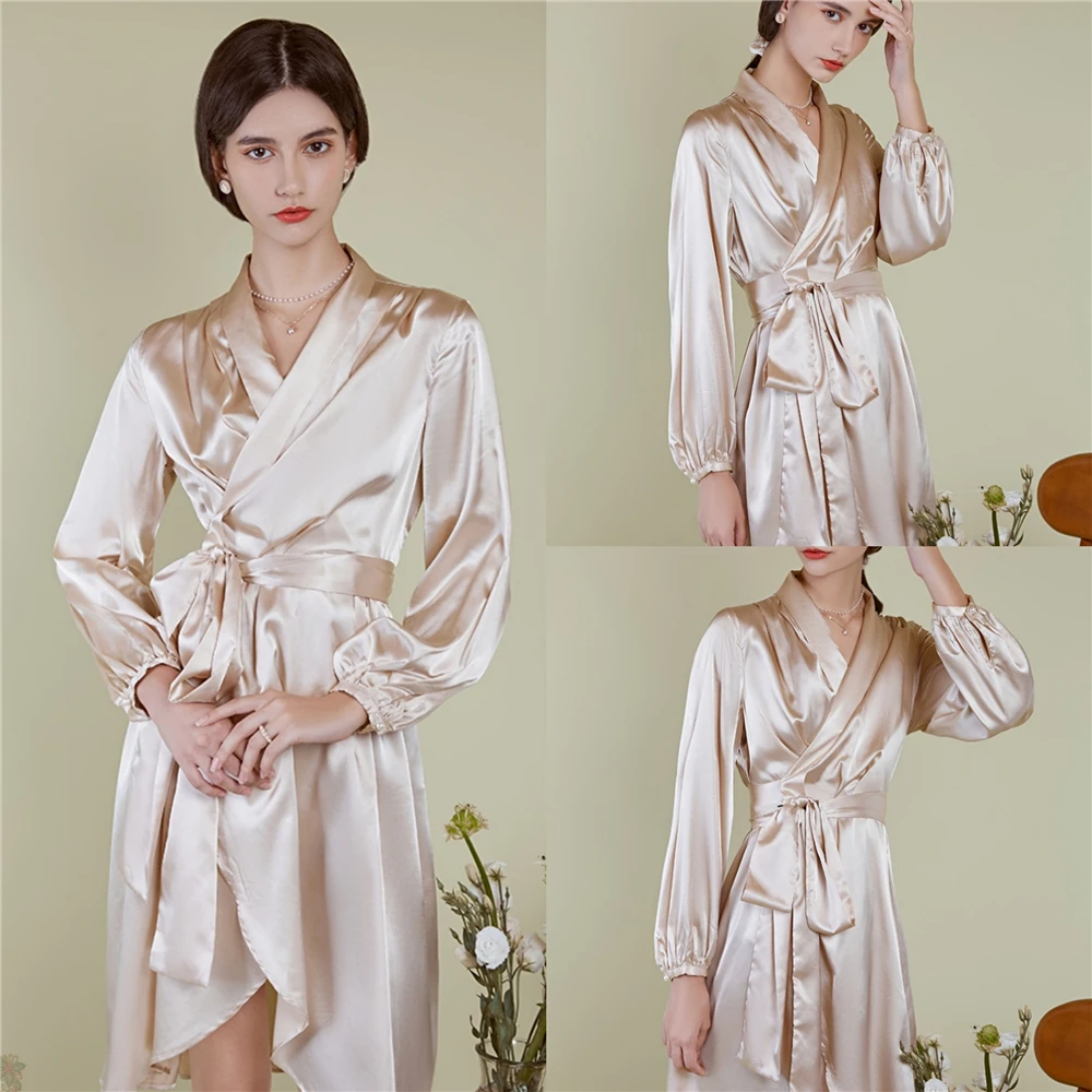 

Morning Gowns Pajamas Female Custom Made Long Sleeves Soft Silk Stretch Nightgown Sexy V Neck Wedding Cape Cloak Comfortable