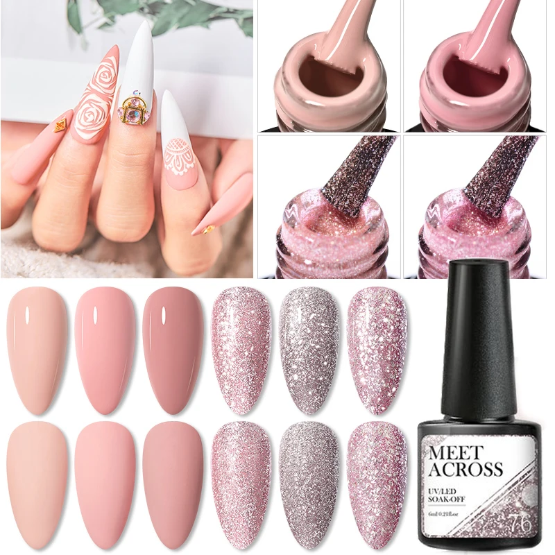 

MEET ACROSS 6ml Rose Gold Glitter Gel Nail Polish Nude Color Semi Permanent Hybrid Soak Off UV Gel Varnish Base Top Coat Nails