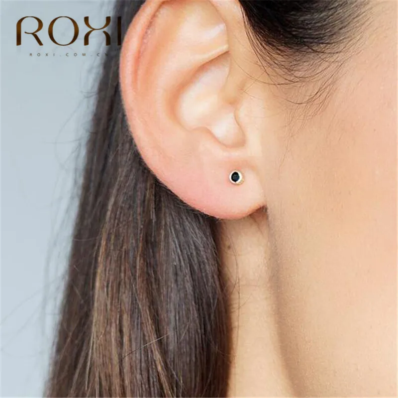 ROXI простые круглые серьги-гвоздики для женщин, черный камень, мини серьги-гвоздики, Серебро 925 пробы, серьги, корейские ювелирные изделия в стиле минимализма
