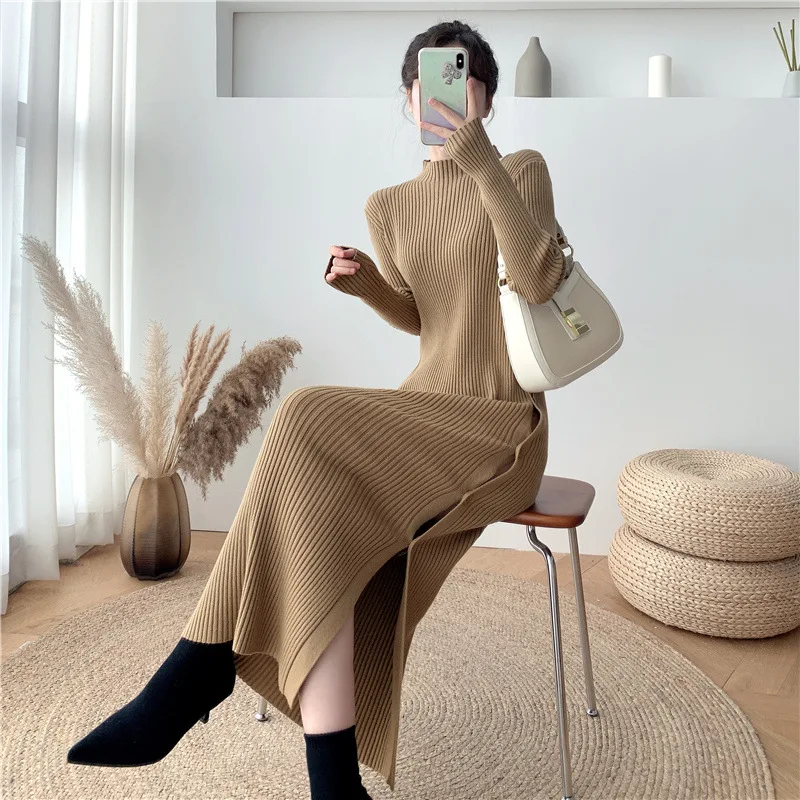 

2021 autumn/winter new thickened knit dress half high collar side slit bottom skirt long knee-length casual new wool dress