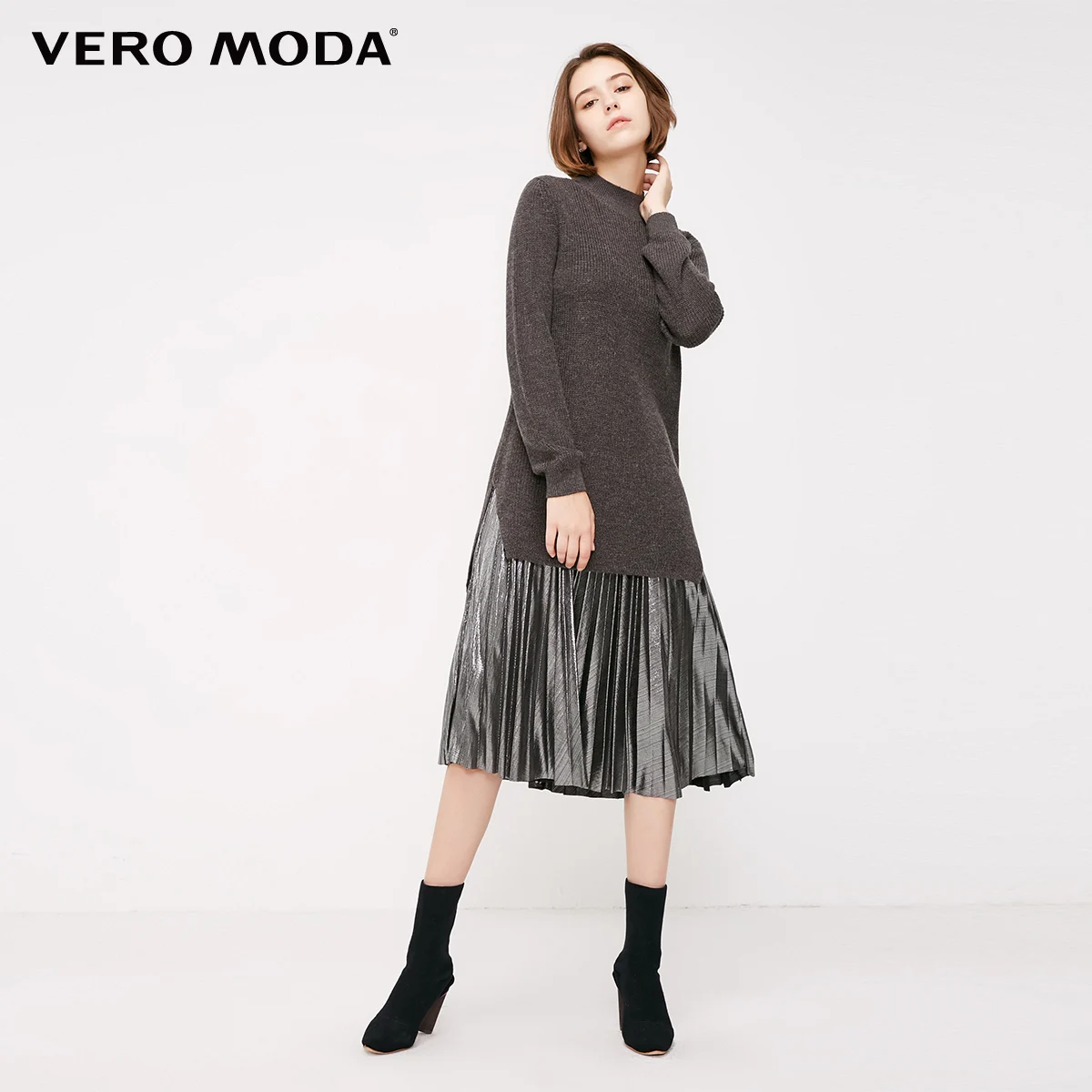 Vero Moda Новое поступление трикотажное платье из двух частей с металлическим плиссированным подолом | 319146524