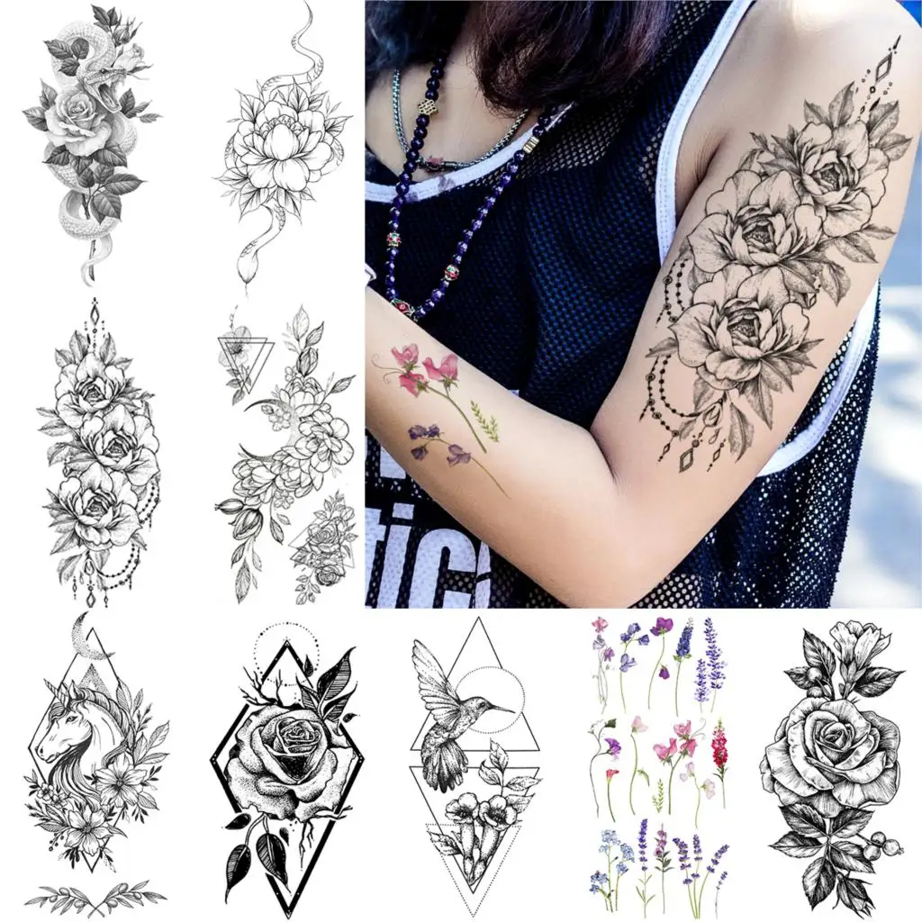 

Black Women Henna Temporary Tattoos Fake Jewelry Pendant Flower Tattoo Sticker Snake Hummingbird Body Art Tatoo Paste On Arm Leg