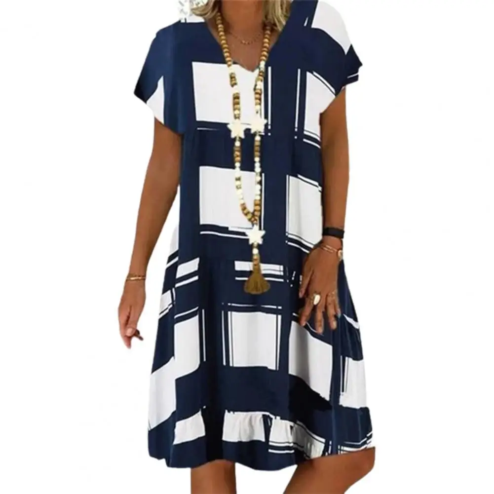 

Casual T-shirt Dress Plaid Soft Women V Neck Short Sleeve Dress for Dating V Neck Loose Midi Dress Skirt