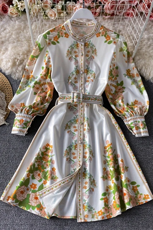 

2021 Spring Summer Palace Style Floral Holiday Slim Long Sleeve Long Lantern Sleeve Dress Female Signle Breasted O Neck Dress