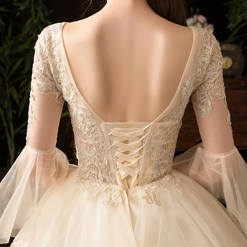 

Luxurious O-Neck Wedding Dress Embroidery Tulle Full Sleeves Pleat Floor-Length Backless Plus Size Wedding Gowns For Women G156