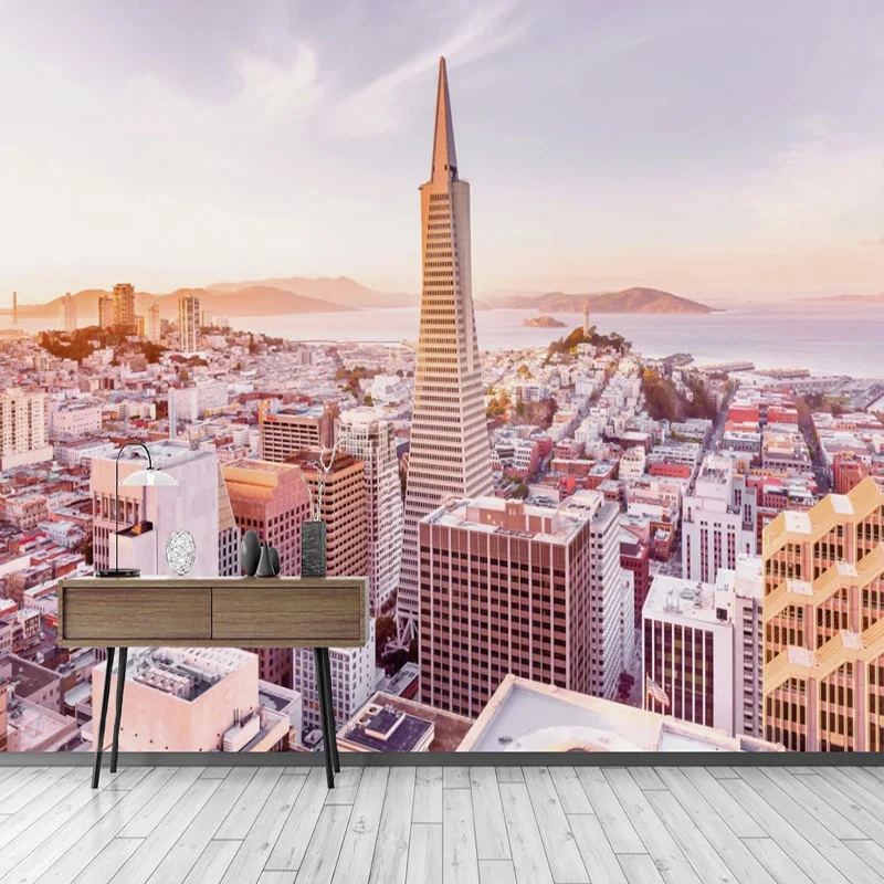 

Custom Self-Adhesive Wallpaper Modern Hand-painted Architecture City Pink Sky Landscape Photo Murals Living Room Bedroom Sticker