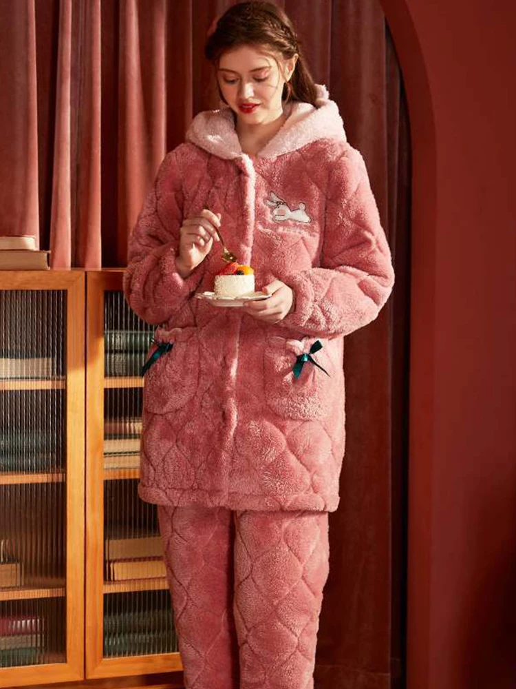 Winter Women's Pajamas Warm Cute Hooded Thick Flannel Pyjamas TurnDown Collar Button Shirt Long Pant 2 Piece/Suit Pajamas rabbit