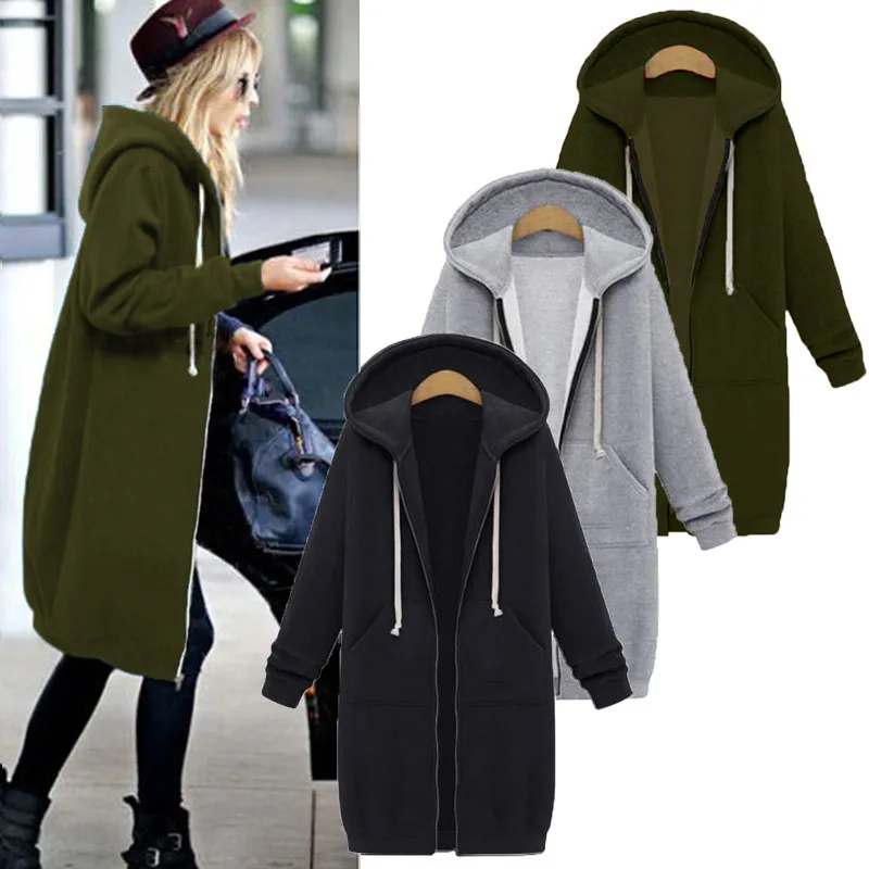 

Once 2020 Autumn Casual Women Long Hoodies Sweatshirt Coat Zip Up Outerwears Hooded Jacket Winter Pockets Plus Size Outwear Tops