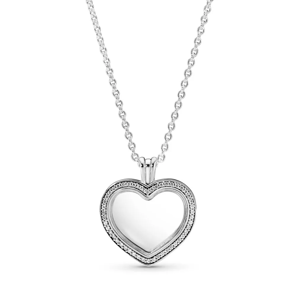 

Original Pans 925 Sterling Silver Floating Locket Heart Magic Box crystal Pendant Necklace For Women Holiday Gift Jewelry